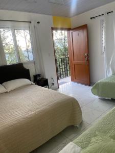 安赫莱斯镇Mirador Hotel Aoki的一间卧室配有一张床和一扇木门