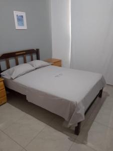 卢林Habitaciones Matrimoniales en Playa Pulpos HOSPEDAJE DELFINES HOUSE的一张位于白色墙壁的房间的床