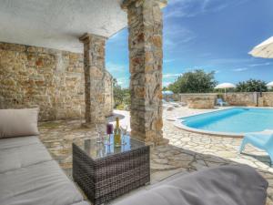 林茨Villa Palma的带沙发和游泳池的客厅