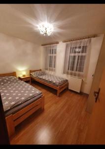 SmržovkaChata Tereza的一间卧室配有两张床和吊灯。