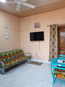 阿克拉Cozy Escape in Accra by Manna Hospital的客房设有一张床和一台平面电视。