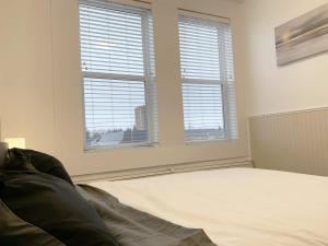 穆斯乔Gorgeous 1-bedroom Condo Location WiFi的一间白色卧室,设有2个窗户和1张床