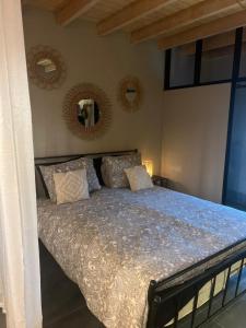 奥斯楚特Casa Fuori的一间卧室配有一张带枕头和镜子的床