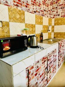 瓦加杜古Seïf Industry's的厨房台面上的一个微波炉