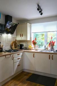 克罗索恩Oasis in English Village的厨房配有白色橱柜、水槽和窗户。
