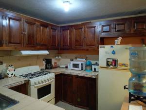 克萨尔特南戈Casa completa en Xela的厨房配有木制橱柜、炉灶和冰箱。