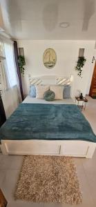 San FranciscoExperience tiny house living right at the beach, Vacation home的一间卧室配有一张带绿毯的大床