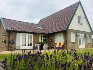 德科赫Landhuis Mariëtta的一座带斜屋顶和紫色花卉的房屋