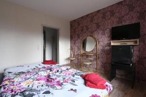 贝斯特维希Gästehaus Senger的一间卧室配有一张床、一台电视和一面镜子