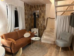 萨希诺Morski Klimat Sasino的带沙发和燃木炉的客厅