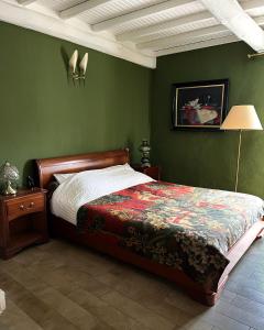 LussanChez Rosette de Lussan的卧室设有一张位于绿色墙壁上的床铺