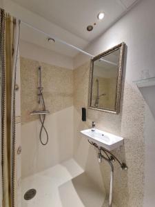 欧登塞Milling Hotel Mini 11的一间带水槽、淋浴和镜子的浴室