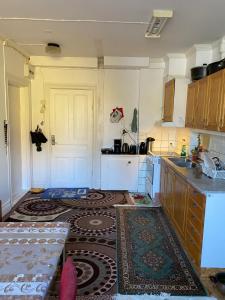 阿沃斯塔Lägenhet/Apartment Krylbo, Avesta Sweden的厨房铺有地板上的地毯。
