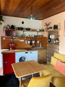鲍洛托努德沃里Love Shack的一间带桌子和炉灶的小厨房