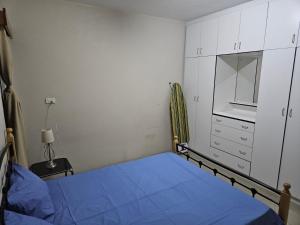 南迪Quiet Getaway的一间卧室配有蓝色的床和白色的橱柜