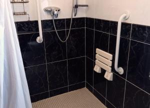 路易斯堡M038 Accony, Louisburgh的浴室设有黑色瓷砖淋浴。