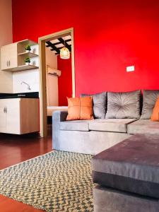 亚松森Renty Paraguay的带沙发和红色墙壁的客厅