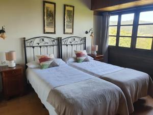 San Juan de la ArenaComplejo turístico Las Mimosas del Nalon, LOS NOVALES的卧室设有两张单人床和两扇窗户。