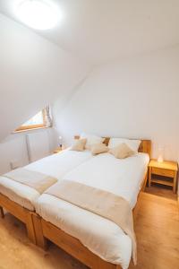 兹雷切Rogla Alpina Residence的配有白色墙壁和木地板的客房内的两张床