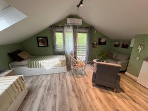 尼什Bloom的一间卧室设有绿色的墙壁、一张床和一张沙发