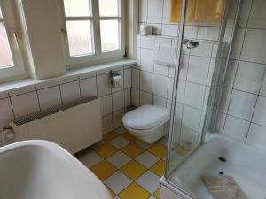 DamnatzHotel Steinhagen的浴室配有卫生间、淋浴和盥洗盆。