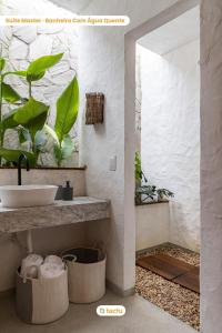 泰巴Casinha da Vila Taíba com piscina的一间带水槽和两株植物的浴室
