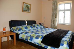 Mala NedeljaRuhig gelegenes Ferienhaus für erholsamen Urlaub auf dem Land inmitten der Thermenregion Sloweniens的一间卧室配有一张蓝色和黄色的被子
