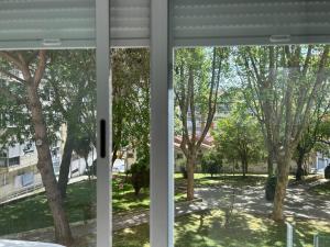 克卢什Apartamento acolhedor em Queluz的享有树木庭院景致的窗户