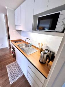 蒙特港201/ Precioso apartamento 1D+1B Centro + Jumbo 5 min的一间带水槽和微波炉的小厨房