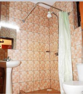 蒙巴萨Cherry home的带淋浴、卫生间和盥洗盆的浴室