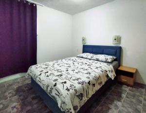 梅杜林Skajla Apartments的一间卧室配有一张带蓝色和白色棉被的床