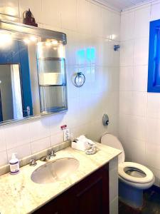 布希奥斯Casa do canto的一间带水槽、卫生间和镜子的浴室