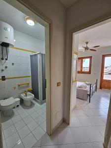 圣维托罗卡波Appartamento Girasole的浴室配有卫生间、淋浴和盥洗盆。