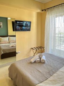 阿格里尼翁FK Maison的一间卧室配有一张带两条毛巾的床和电视。