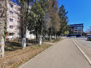 康斯坦察Apartament sat vacanța Mamaia-Constanta的一条空的路边,旁边是树木的建筑