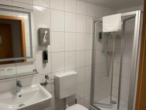 辛斯海姆Hotel Gästehaus Sonne的带淋浴、卫生间和盥洗盆的浴室