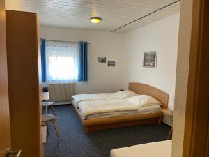 辛斯海姆Hotel Gästehaus Sonne的一间卧室配有一张床、一张书桌和一个窗户。