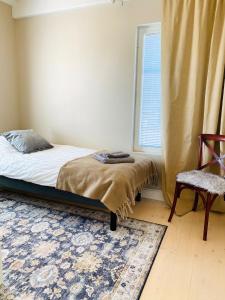科科拉KokkolaDream - Historical Timber Home的一间卧室设有一张床、一个窗口和一把椅子