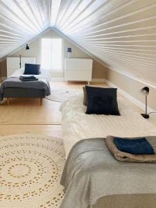 科科拉KokkolaDream - Historical Timber Home的一间卧室设有两张床和天花板