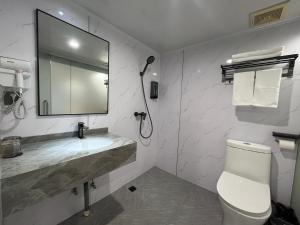 广州布丁酒店（广州洛溪地铁站店)的一间带水槽、镜子和卫生间的浴室