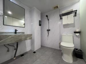广州布丁酒店（广州洛溪地铁站店)的一间带水槽、卫生间和镜子的浴室
