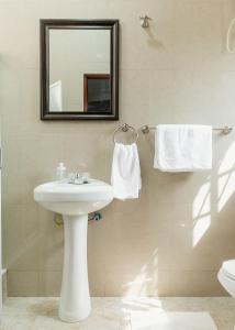 阿克拉BlueGreen GuestHouse的浴室配有盥洗盆、镜子和毛巾