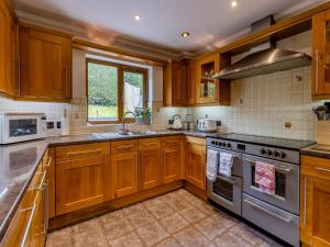 LlanafanDerwen Haidd的厨房配有木制橱柜和不锈钢用具