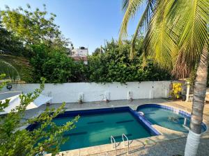 圣玛尔塔Casa campestre con piscina cerca al aeropuerto y la playa的棕榈树庭院中的游泳池