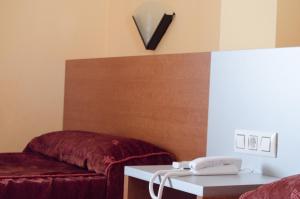 阿尔法哈林罗桑酒店的沙发旁的墙上有电话的房间