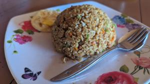 TelukdalemTaman Baloho Indah - Hotel & Resort的盘子,有叉子和大米的食品