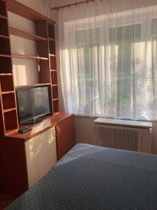 MarcaliPlatán Apartman的一间卧室设有一张床、一台电视和一个窗口。