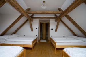 Nova CerkevFarm Soržev mlin的带木梁的客房内的三张床