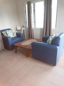 阿皮亚Lelago Eco Lodge的客厅配有2把蓝色椅子和桌子