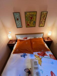 Paredes de BuitragoCabaña ecologica del lago的一间卧室配有一张带橙色床单和两盏灯的床。